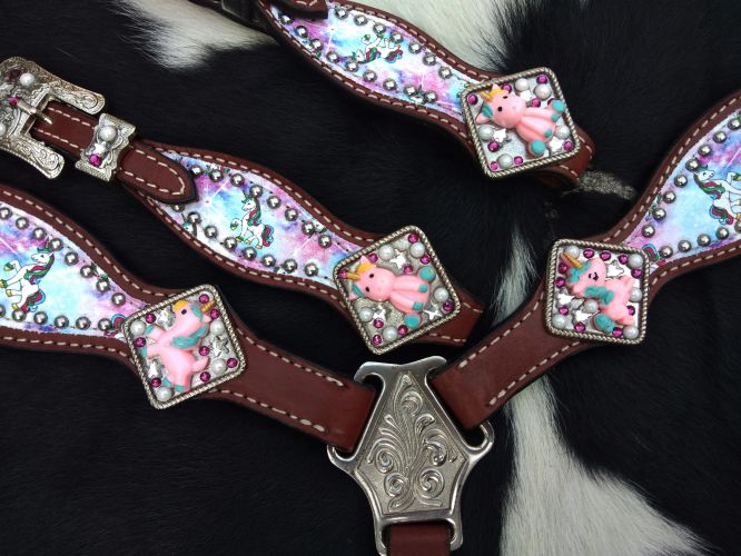 Showman PONY SIZE Tie Dye Unicorn printed headstall and breast collar set with raised unicorn conchos #4